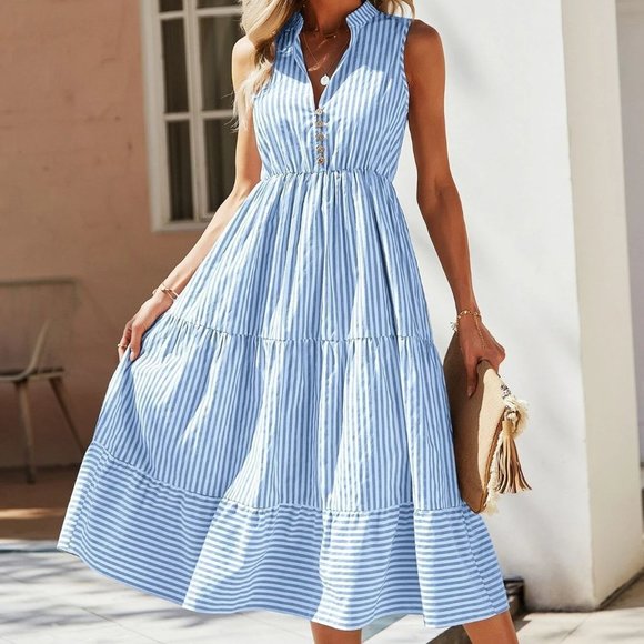 MODA ME COUTURE Dresses & Skirts - Striped Print Notched Neck A-line Dress - Blue